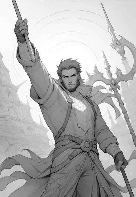PonyXLV6_Scores ,  SUP3RH3R0 Style, monochrome, greyscale, 1boy, male focus, holding, facial hair, gloves, weapon, beard, staff, fingerless gloves, solo, holding weapon, holding staff, comic art style