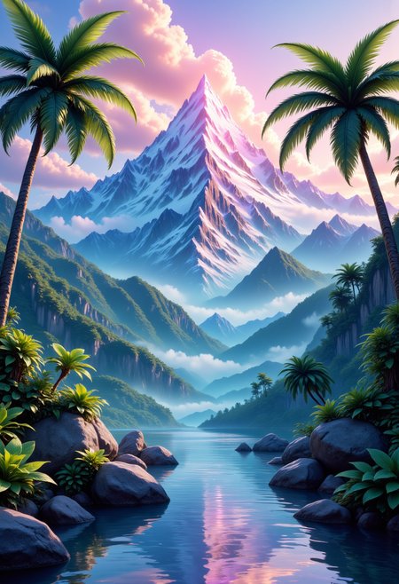 vibrant, digital illustration depicting a tropical paradise. The scene is dominated by a majestic, snow-capped mountain range with sharp peaks and lush, green slopes. The mountain is illuminated by a rainbow of colors, including pink, purple, blue, and green, which create a stunning, ethereal effect. The sky is a gradient of soft pastel colors, transitioning from a light blue at the top to a deeper, darker blue near the horizon. The sky is filled with fluffy, white clouds that cast soft shadows on the mountains.

In the foreground, there are two palm trees with long, slender fronds, adding to the tropical ambiance. The trees are positioned on either side of the image, with one leaning slightly to the left and the other to the right. The ground is covered in dense, green foliage, and there are several large rocks scattered around the base of the mountain, creating a sense of depth and texture.

A tranquil, reflective body of water is situated at the bottom of the image, reflecting the surrounding scenery and adding a serene quality to the scene. The water is a clear blue, with small ripples indicating movement. The overall style of the illustration is highly detailed and realistic, with a focus on vibrant colors and lush, tropical elements