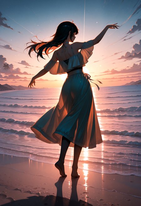 lazympos, very aesthetic, absurdres, highres, newest, 2024, HDR, 8K, high detailed, 
1gailr, solo, silhouette, backlighting ,beach, dusk, dancing, rim light, guangying, depth of field,