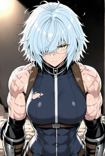 (masterpiece, best quality, ultra-detailed:1.4),
solo,1girl, (light blue hair:1.3), short messy hair, bangs,
(yellow eyes:1.5), (battle-worn expression:1.3), (scar over one eye:1.5), (intimidating aura:1.3),
(hair covering one eye:1.5), (bangs covering left eye:1.4), (left eye obscured by hair:1.4), (hair over eye:1.3),
(battle-hardened:1.4), (war veteran:1.3), (many scars:1.3), (visible wounds:1.2), (weathered face:1.2), (dirt and grime:1.2),
(toned arms:0.6), (muscle tension visible:0.3), (slim but athletic build:1.1), (strong female warrior:1.1), mercenary warrior
(dynamic lighting:1.3), (gritty, rough textures:1.2), black color topper
looking at viewer, (hair slightly messy:1.2), (torn and worn-out fighter outfit:1.2),
 <lora:VioletV2:1>