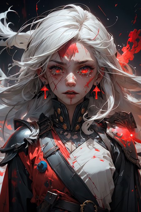 white hair, long hair, freckles, earrings, 
(upper body:1.1), (particles:1.2), (sparkles:1.1), flames, (tears:1.3), (crying:1.2), (wet face:1.1), 
(torn clothes:1.2), abstract, (red lighting:1.2), knight armor, armor, (bloody face:1.2), (blood:1.1), (scars:1.5), 
<lora:more_details:0.3>
 <lora:Cosmic anime-oil fusion v2:0.3> 
<lora:AnimeVibesV3:0.25> animevibes, 
<lora:3DMM_V11:0.35> 3DMM 
<lora:midjourney_20230624181825:0.35> midjourney ,
 <lora:LAS:0.4> (colorful:1.1), 
<lora:msw_locon-t2:0.3>
 <lora:wuxia2:0.4> gu, shiny, shiny hair, shiny skin, shiny clothes