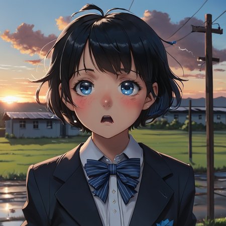 1girl,solo,looking at viewer,short hair,open mouth,bangs,blue eyes,shirt,black hair,bow,school uniform,jacket,white shirt,upper body,outdoors,sky,collared shirt,cloud,tears,bowtie,blue bow,blazer,crying,crying with eyes open,sunset,striped bow,blue bowtie,power lines,striped bowtie,utility pole
 <lora:low_key_lights_XL:0.6>