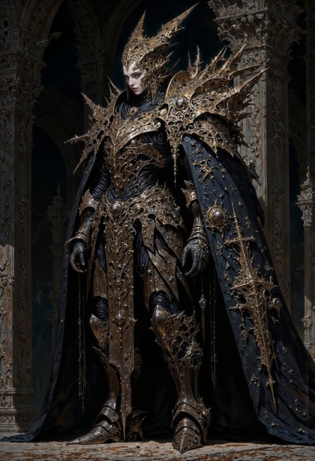 a futuristic, armored female warrior standing in a dramatic pose. She is wearing a large, intricate suit of armor with dark metallic tones and ornate details, including skull motifs and chains. Her face is partially visible, with pale skin and a stern expression, framed by a hood. The armor is adorned with various religious symbols, including crosses. The background is a dimly lit, gothic architectural setting with towering columns and arches. The overall atmosphere is dark and atmospheric, emphasizing a blend of science fiction and fantasy elements. detailed, textural, artistic, aesthetic, intricate details, highly detailed, vivid, vibrant, mythp0rt, DB4RZ, DB4RZ style painting <lora:FLUX-daubrez-DB4RZ-v2:0.5> <lora:FluxMythP0rtr4itStyle:0.7> <lora:Elden_Ring_-_Yoshitaka_Amano:0.7> <lora:flux.1_lora_flyway_Epic-detail_v2:0.65> <lora:DarkCore:0.7>