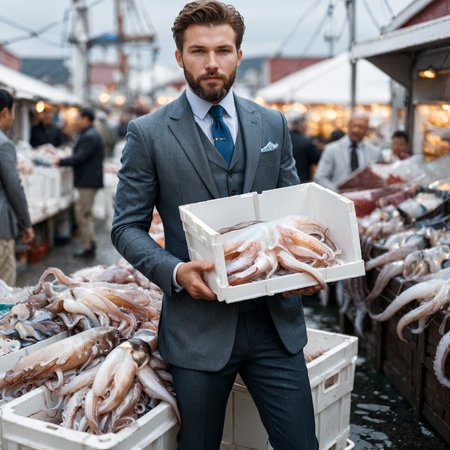 RAW photo, exterior photo, full body shot from the front of a beautiful man with a beard in a grey suite, he stands at a fish market full of dead squid and octopus in white boxes, full sharp, detailed face, visible feet, blue eyes, (high detailed skin:1.2), 8k uhd, dslr, soft lighting, high quality, film grain, Fujifilm XT  <lora:polyhedron_tentacles-000005:1>
focus on eyes, spotted light on his face, face towards sun, light on face, sun on face, backlit, rim light, focus on eyes, clear eyes, shiny eyes, glittering eyes, light reflections in his eyes, winter white skin, pale skin, dry skin, clear skin, oiled shiny skin, blush, flushed cheeks, visible skin detail, skin pores, imperfect skin, skin blemish, few freckles, skin fuzz, beauty spot, moles <lora:polyhedron_all_sdxl-000004:0.1>
((background is an old fisher town))