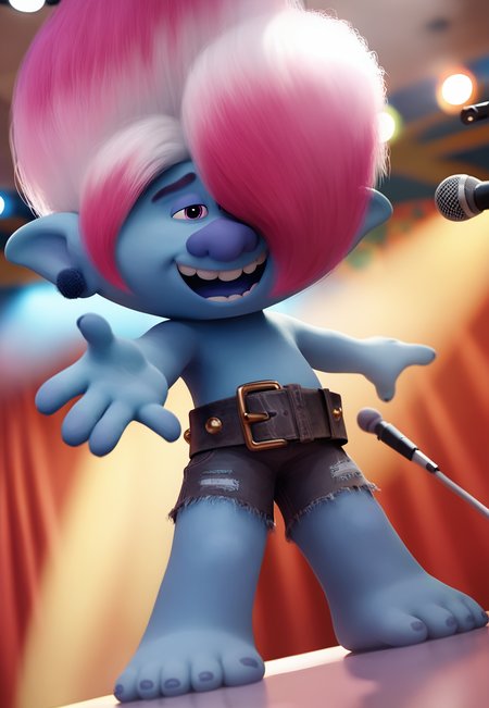 score_9, score_8_up, score_7_up, score_6_up, score_5_up, score_4_up zPDXL , light effects, high quality, disney art style, <lora:PDXL_artist_tags_v2_big:0.8>,by braeburned,
BREAK,
<lora:Floyd-Pony-000006:0.8>,floydbrozone, colored skin, 1boy, solo, male, blue skin, pink hair, solo, hair over one eye, afro, pointy ears, full body, shortstack, belt, shorts, male focus,
BREAK,
 (high angle:1),(low angle:1),singing, microphone,dancing,stage,live concert,