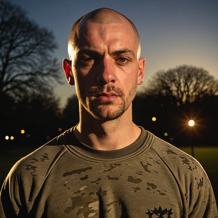 RAW photo, a rough, dirty 30 year old, Mancunian chav, skinhead, he's a mean, rough druggie wearing trackies in a Manchester park at sunset, dramatic lighting, atmospheric, intricate detail