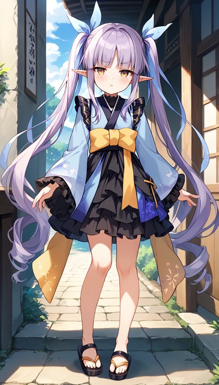 score_9,score_8_up,score_7_up,
official art,official style,game cg,megami magazine,
kyoukadef,
(black skirt:1.2),blue kimono,blue ribbon,black skirt,blush,bow,brown eyes,dress,elf,frilled sleeves,frilled skirt,
frills,hair ribbon,japanese clothes,kimono,layered skirt,long hair,long sleeves,pointy ears,purple hair,
ribbon,skirt,twintails,very long hair,wide sleeves,yellow eyes,
1girl,solo,
standing,full body,
<lora:princess_connect_kyouka_pony_v1:1>,