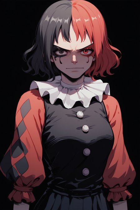 score_9, score_8_up, score_7_up, 
<lora:Muff_PDXL-000000:1>, 1girl, split-color hair, half red half black color hair, two colors rhombic makeup, solo, 
monkey d. luffy, one piece, 1boy, neck ruff, ruffled collar, two colors argyle sleeve, red sleeve, black romper, 
cowboy shot, adult girl, 21 y.o., teen, <lora:Sinozick_Style_XL_Pony:1> sinozick style, dark theme, flat color, black background,