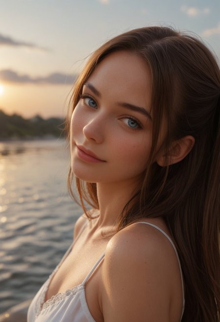 score_9_up, score_8_up, score_7_up, score_6_up, 1girl, 25 years old, perfect face, sexy, (adult:1.2),
side view, detailed face, portrait, face focus, depth of field, looking at viewer, blush, shy smile, close up,
blue eyes, 
brown hair, long hair, parted bangs, two side up, 
white camisole, 
outdoors, water, sky, clouds,