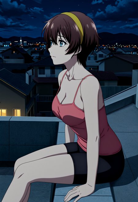 <lora:Yuu_IL_V3:0.9>,(Character),score_9, score_8_up, score_7_up, score_6_up, source_anime, masterpiece, best quality, absurdres, highres, newest, anime coloring <break> 1girl, solo, sitting, on wall, from side, town, night sky, cloud.,
Yuu_Home,1girl,brown short hair,hair between eyes,blue eyes,medium breasts,collarbone,yellow hairband,bare shoulders,black bike shorts,camisole,pink shirt,sleeveless shirt,cleavage,