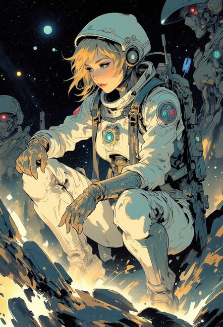 Mh1$AgThS2, intricate linework with expressive contrasts, soft lighting with dynamic highlights, blonde female astronaut scientist with dark eyeshadow, in spacesuit, investigating glowing rocks on a distant planet, with non-humanoid robotic science droids, dark sky, stars, nebula. Impressionistic, ligne claire outlines for clarity and structure, In the style of ff-td