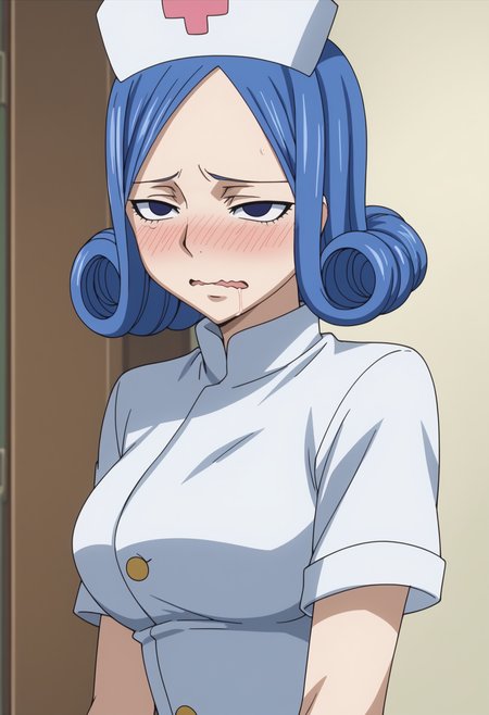 score_9, score_8_up, score_7_up, anime screencap, BREAK, 1girl, (solo:1.2),   <lora:DX888Juvia:1>, juvia lockser, blue hair,  curly hair, blue eyes, short hair,  ,   BREAK   nurse, nurse cap, Leaning against a wall,  torogao, nose blush, sad , wavy mouth, half-closed eyes, tearing up,