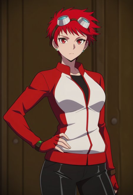 masterpiece, best quality, very aesthetic, 

1girl, solo,

Ximena Victoria, short hair, red hair, red eyes, earrings, stud earrings,

jacket, goggles on head, fingerless gloves, pants,

Hand on hips, looking at viewer,

Anime coloring,



