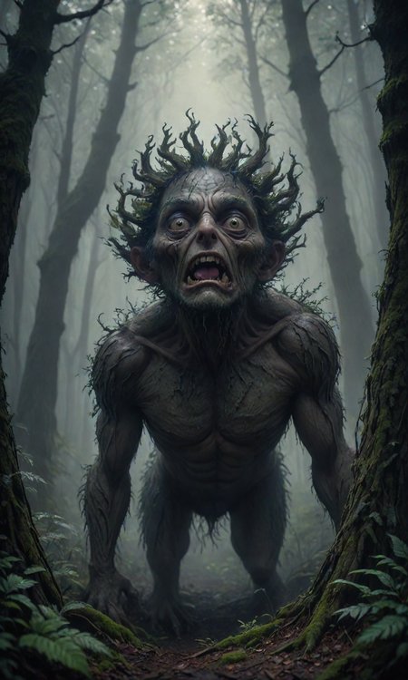 A creature with the body and eyes of a man, in a forest, foggy, moody lighting from above, cinematic lighting, detailed oil painting, hyperrealistic, 8k, high resolution, trending on artstation, octane render, unreal engine 5, digital art, beautiful face, very detailed eyes, by greg rutkowski, trending on artstation <lora:Fast:0.69>