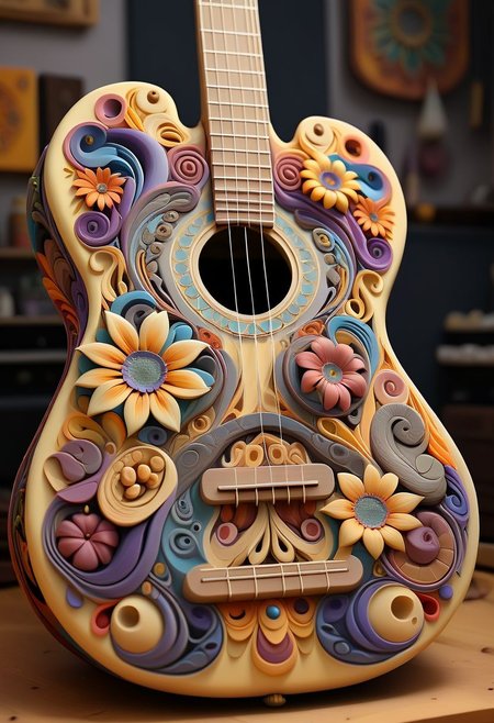 Mandala style, 3d mandala pattern on a guitar, flower theme