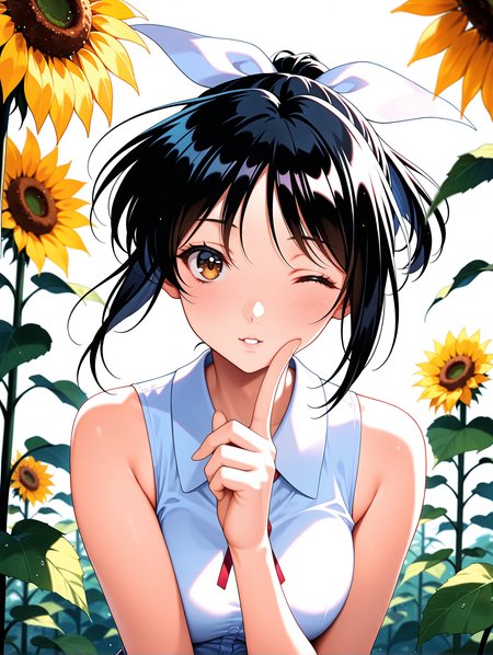 masterpiece,best quality,newest,
1girl,solo,
<lora:morii_kaho_ilxl_v1.0:1>,kaho,black hair,white hair bow,ponytail,brown eyes,
<lora:Fixhands_anime_bdsqlsz_V1:1>,looking_at_viewer,front view,one eye closed,sunflower,sleeveless,finger to mouth,index finger raised,parted lips,sleeveless shirt,upper_body,