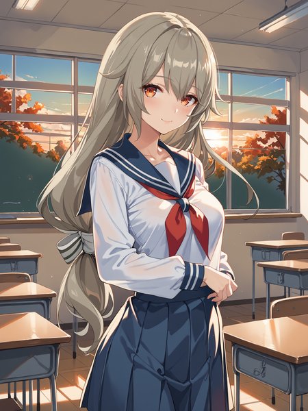 1girl, alexandrina sebastiane, solo, low-tie long hair, hair ribbon, school uniform, serafuku, cowboy shot, backlighting, sunbeam, sunset, classroom, indoors, window, light smile, blush, looking at viewer, facing viewer <lora:Char-ZZZ-AlexandrinaSebastiane-pony-V1:1>, score_9, score_8_up, score_7_up, source_anime