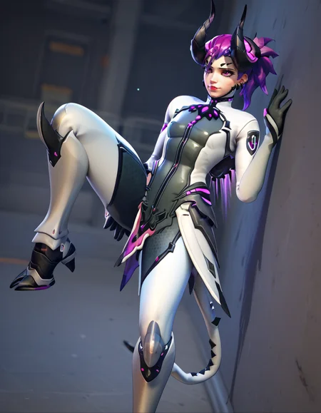 score_9, score_8_up, score_7_up, Masterpiece, high-res, 2k, best quality, 3d, 1girl, mercy (overwatch), imp mercy , purple hair , white bodysuit, tail  <lora:Devil_imp_mercy_pony-000040:1> Leaning on a wall with one leg bent looking contemplative