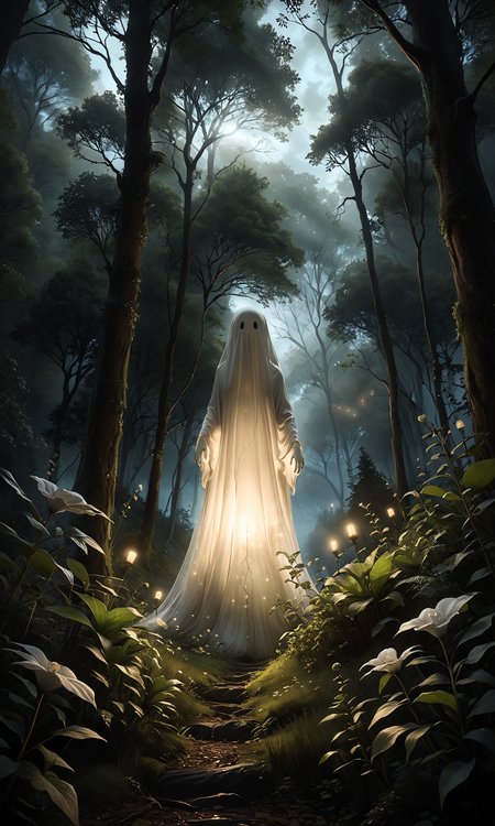 Charming ghost, photorealistic, woodland scene, detailed plants, dim lighting, whimsical ambiance, ultra-high resolution, natural colors, cinematic shot, close-up view, medium shot, wide-angle view, low-angle shot, high-angle shot, expressive eyes, smooth textures, gentle glow, magical atmosphere, balanced composition, dynamic flow, peaceful vibe, enchanted forest, 
 <lora:zavy-cntrst-sdxl:1> dark, chiaroscuro, low-key  <lora:SDXLHighDetail_v5:1> <lora:dark_weather:1>