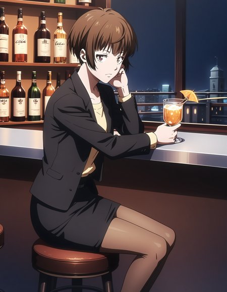 score_9,  score_8_up, score_7_up, <lora:Tsunemori_Akane:0.9> tsunemori akaneBB,brown eyes,brown hair,short hair,black jacket,formal,suit,pencil skirt,pantyhose
1girl, solo, bar stool, sitting, from side, looking at viewer, counter, drinking glass, ice cube, thinking, dim lighting, night