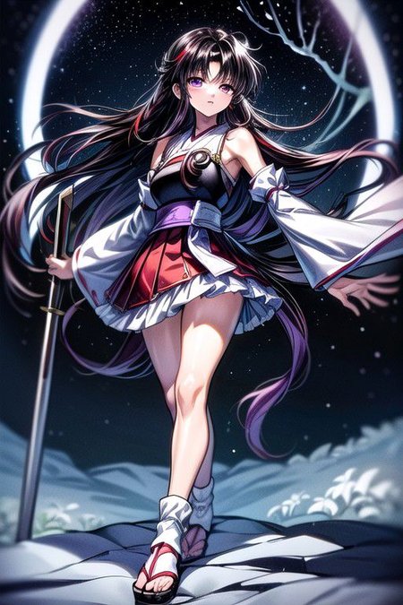 masterpiece,  best quality 1girl Setsun4 solo long hair,  (night time) forest background black hair very long hair purple eyes multicolored hair armor (fur trim) (medium body),<lora:EMS-179-EMS:0.800000>,<lora:EMS-293862-EMS:0.800000>ascot, bare shoulders, black footwear, detached sleeves, embellished costume, frills, japanese clothes, nontraditional miko, red skirt, sandals, sarashi, skirt, socks, armor, miko