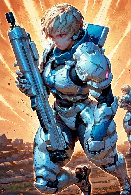 score_9, score_8_up, score_7_up,
 <lora:Versus_Style_Pony:0.7> versus_style 
<lora:Kayla_Versus_for_PonyXL:0.8> 1girl, k4yla, short hair, solo, scar, blonde hair, pink eyes,
mecha armor, running, energy rifle, lasers,