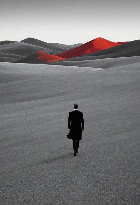 WhiteMold, 
A sharply dressed man standing alone in a vast, flat, brightly colored landscape, his black-and-white figure contrasting starkly against the vivid abstraction of rolling red hills and a golden sun.
surreal poetic minimalism blending bold abstract color fields with whimsical narrative photography, vibrant geometric landscapes merging with elegant tailored figures, crisp structured compositions infused with dreamlike humor, timeless elegance meeting painterly abstraction