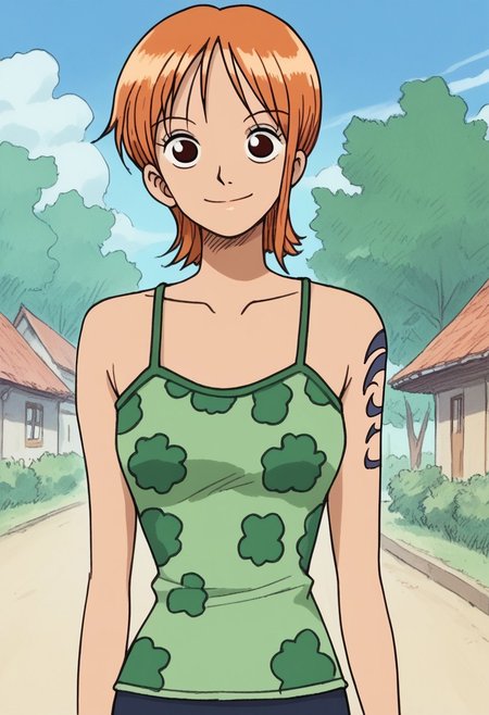 Trafitional media,bpb1 ,score_9, score_8_up, score_7_up, score_6_up, ,1girl, solo , nami,  outdoors,,  cowboy shot, smile, green shirt, arlong tattoo
