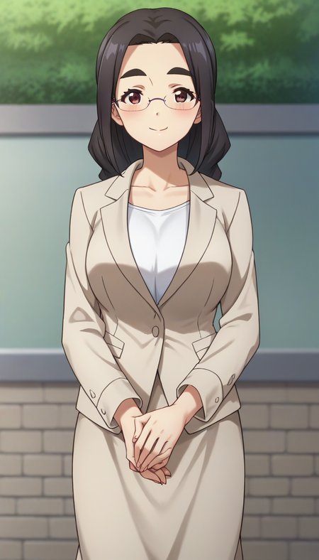 score_9,score_8_up,masterpiece,best quality,correct anatomy,anime_source,1girl,solo,perfect eyes,perfect arms,perfect legs,perfect face,outdoors,upper body,(portrait:1.5),looking at viewer,facing viewer,smile,blush,Miki Morishita,black hair,long hair,braid,forehead,thick eyebrows,brown eyes,rimless eyewear,collarbone,business suit,beige jacket,white shirt,large breasts,skirt suit,beige skirt,white socks,high heels,beige footwear,<lora:Miki Morishita(bnr)-Pony:1.4>,