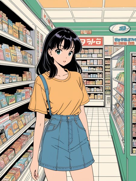 In the style of 90's vintage, anime art of a model inside a convenience store, Detailed art, Fine line art 90âs vintage anime