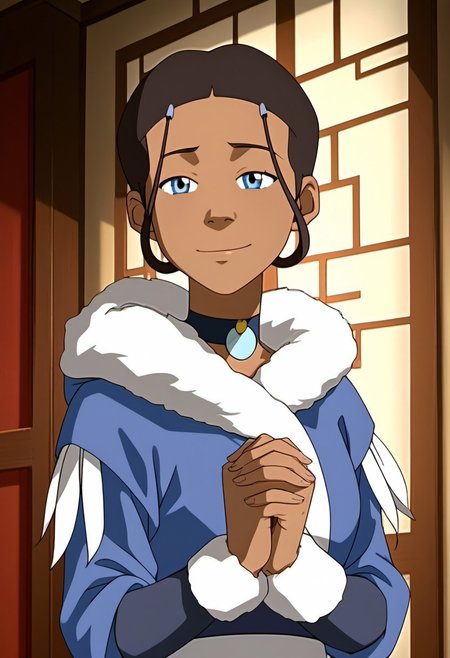score_9, score_8_up, score_7_up, realistic, realism, HD, perfect quality, 16k, very detailed, realistic lighting, detailed face, BREAK, (((good_hands))), (((perfect eyes, bedroom eyes, (light smile:0.5)))),  BREAK, solo, 1girl, (((Katara-BookWater, blue eyes, short hair, brown hair, hair ornament, dark skin, dark-skinned female))), eye_focus, ((medium breasts, big ass)), (bedroom eyes), looking at viewer, nervous, seductive, sensual, medium body size, slightly small neck, plumb body, voluptuous hips and thighs, curvy body size, microwaist, (feminine body, soft body:1.5), BREAK,  dark skin, blue eyes, smile, hair ornament, brown hair, upper body, 1girl, dark-skinned female, closed mouth, male focus, hairclip, short hair, dark-skinned male, 1boy, black hair, fur trim