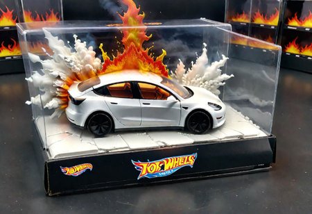 Hot Wheels toy car company have made a toy car version of a Tesla Model 3, The toy telsa model 3 car comes in a mini display unit/box. The car is exploding into fire and flames, white smoke fills the top of the display box, (realistic explosion from car), (realistic Flames bellow from the car windows inside the display unit),  (standing next to the car is a little palstic toy man, he holds both arms in the air,
