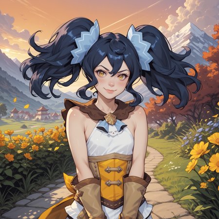 safe_pos, score_9, score_8_up, score_8, score_7_up, score_7, ExpressiveH,
BREAK
1girl, solo, Renee (Dragalia Lost), twintails, bangs, blue hair,  yellow eyes, hair ornament, small breasts, globes, corset, shorts, boots, petite, small breasts, looking at viewer, head tilt, seductive look, aroused, horny, standing, oiled skin, looking at viewer, lips parted, blushing, mischievous smile
BREAK
Garden, sunset, orange sky, purple sky, mountainous horizon