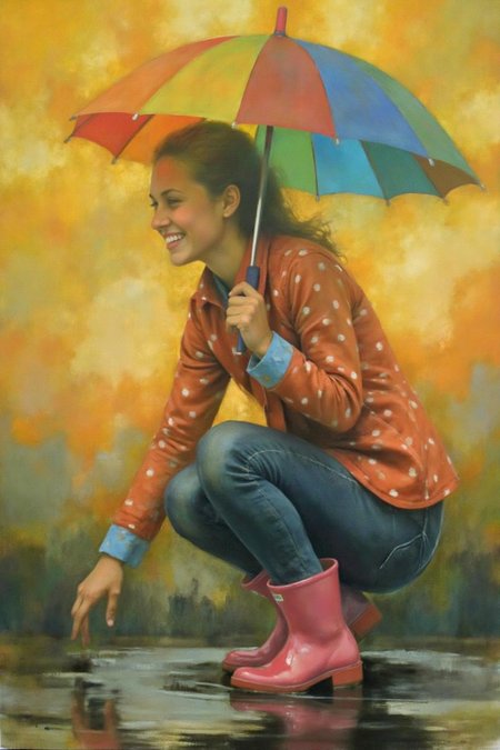 painting. 
A young woman, angled from slightly above and to the right, crouching low to the ground in a puddle. The young woman is wearing bright pink rubber boots and a red jacket with white polka dots. The jacket sleeves are pushed up to reveal blue cuffs. The young woman also wears dark blue jeans and has a smile on her face as she extends her right index finger to touch the water in the puddle. Above the young woman is a large, open umbrella with rainbow-colored panels and a red handle. Her translucent form blend with a background of swirling yellows, oranges, and blues. <lora:billbate1_cap_d8a4e12:0.8><lora:852966478964615985:0>