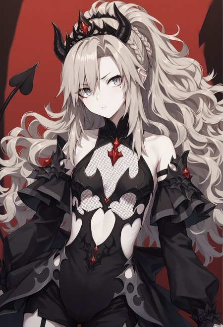 1girl, pale skin, grey eyes, grey hair, long hair, curly hair, mole under eyes, makeup, ponytail, braid, tiara, horns, short dress, revealing clothes, fishnets, demon tail, bat wings,  <lora:Kriemhild:1>, score_9, score_8_up, score_7_up, score_6_up, score_5_up, score_4_up, BREAK source_anime, masterpiece