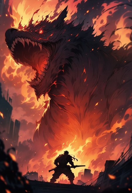 dark cyberpunk, cyber-samurai, action pose, fighting the monster, huge monster, (fire and smoke pillar), (masterpiece), (best quality), (ultra-detailed), very aesthetic, illustration, perfect composition, intricate details, absurdres, (anime, masterpiece, intricate:1.3), (best quality, hires textures, high detail:1.3), (4k),(incredibly detailed:1.4) 
masterpiece:1.2, best quality:1.5, highly detailed, depth of field, cinematic lighting, intricate, 8k wallpaper, cg, sharp focus, glowing, intense