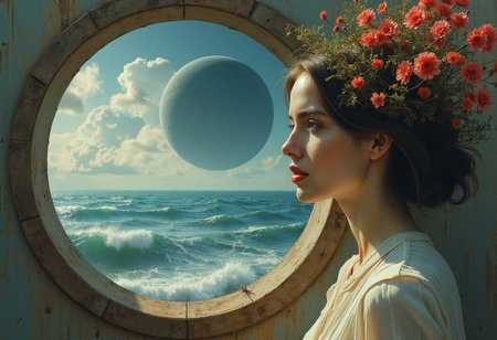 A surreal collage of a woman standing, with a circular window revealing a stormy sea and a planet in the background. female form, The woman's face is half-shadowed and turning into vegetation, with a red lip and a dreamy expression. The scene is a mix of realistic and dreamlike elements, with a sense of mystery