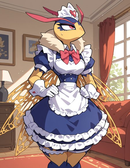 score_9, score_8_up, score_7_up, Queen Sectonia, (solo), 1girl, anthro, floating hands, gloves, multicolored skin, insect, arthropod, insect wings, looking to the side, embarrassed, (living room), (maid dress, french maid, maid headwear, leg band), fur collar, irritated, annoyed, (small waist), wide hips, hands on hips, <lora:cefaa866-a58e-40ba-a219-79ab392f7d60:0.9>, <lora:548a342b-2dc6-440b-abe1-a6ce75213d61:0.8>
