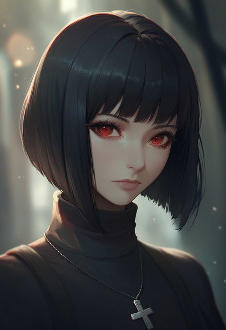 score_9, score_8_up, score_7_up, SLVTK, 1girl, solo, short hair, black hair, jewelry, looking at viewer, necklace, cross, portrait, bangs, red eyes, closed mouth, turtleneck, blurry background, cross necklace, lips, piercing, blurry, bob cut, eyelashes