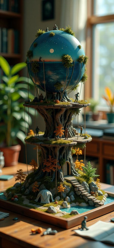 (indoors,indoor,isometric view,side view,tilt-shift lens:2), (fna_style,miniature,miniature,diorama,miniature,diorama,PVC,plastic:2),starry night,autumn giant (multi layers of shore camp site sphere vertical:2.5)  is located center, people are climbing with ropes, (in wooden square plate:3) (on table at study:3) <lora:Fantasy_Novel_Art_Style:1> <lora:Rostpunk:0.3>