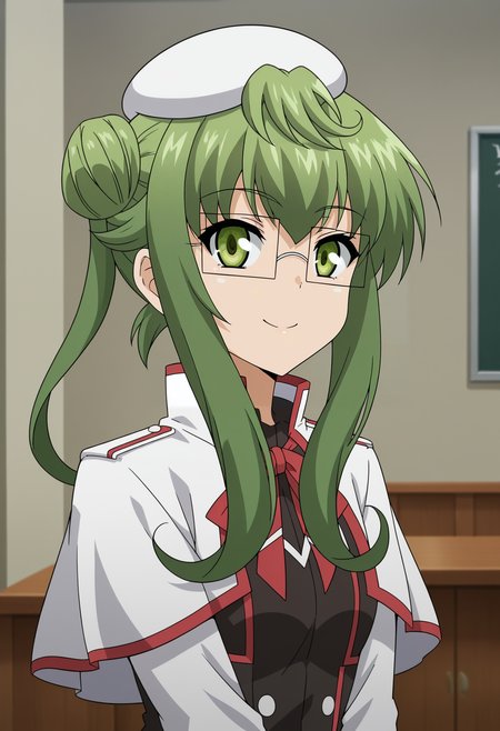 <lora:Lynette_Worth-Dragonar_Academy:0.7>,1girl,solo,Lynette Worth,glasses,green hair,long hair,green eyes,hair bun,hat,uniform,school uniform,white capelet,looking at viewer, smile,upper body, indoors