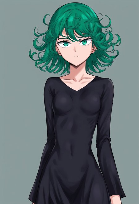 tatsumaki, one-punch man, 1girl, black dress, breasts, closed mouth, collarbone, cowboy shot, dress, green eyes, green hair, grey background, long sleeves, looking at viewer, medium hair, simple background, solo