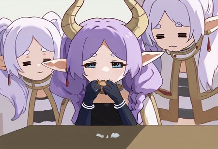 score_9, score_8_up, score_7_up, source_anime, 3girls, blankroomsoup, table, bowl, food <lora:meme_blankroomsoup_ponyXL:0.9>
3girls, FrierenBase, =w=, :3, = =, closed eyes, looking at another, white hair, long hair, twintails, earrings, white capelet, striped shirt, long sleeves <lora:ChamFrierenPonyXL:0.8> <lora:ChamElfExpressionPonyXL:0.8>
3girls, AuraFrieren, sad, eating, purple hair, blue eyes, horns, long hair, twin braids, necklace, strapless shirt, black shirt, red waist cape, elbow gloves, black gloves <lora:ChamAuraPonyXL:0.9>
3girls, FrierenBase, =w=, :3, = =, closed eyes, looking at another, white hair, long hair, twintails, earrings, white capelet, striped shirt, long sleeves <lora:ChamFrierenPonyXL:0.8> <lora:ChamElfExpressionPonyXL:0.8>