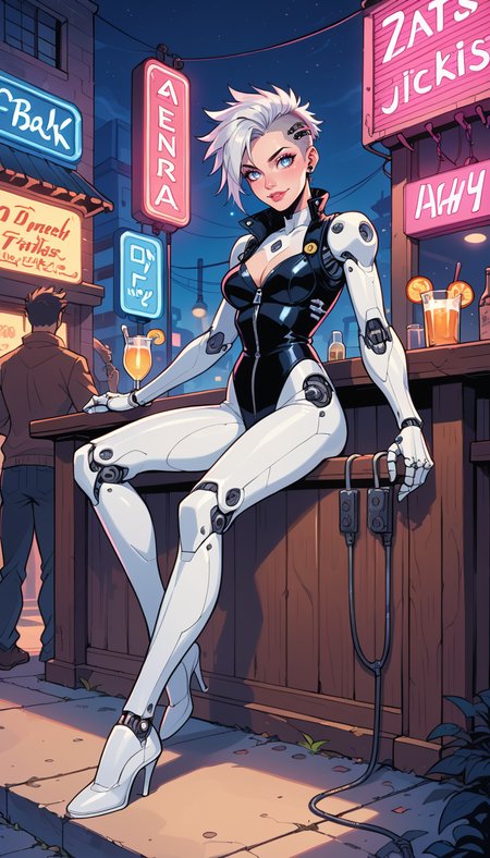score_9, score_8_up, score_7_up, Western Comics, Full Body Shot, mechanical android, girl, cute, seductive, innocent, light smile:0.3, plump lips, slender body, short punk hair, (mechanical arms), wires and cables, silver body, glowing led parts, ornaments detailed, sitting outside a pub, neon lights, bright colors, street night background, depth of field, dynamic angle, fashion photography, sharp, hyperdetailed:1.15
