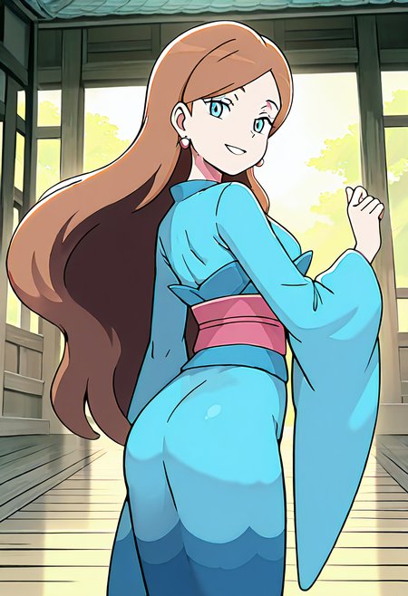 masterpiece, best quality, 1girl, solo, looking at viewer, smile,   zzLinnea, blue eyes, brown hair, long hair, earrings,  blue kimono, sash,  , <lora:LinneaPokemon_IXL_v2:1.0>, back arched, hips back, side view, smile, looking at viewer,
