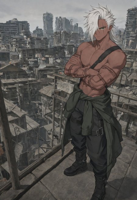 masterpiece, best quality, amazing quality, very aesthetic, absurdres, newest, detailed background, ailimit, 1boy, solo, white hair, long hair, green eyes, hair over one eye, scar, dark skin, muscular, no shirt, tattoo, jacket around waist, pants, boots, outdoors, rooftop