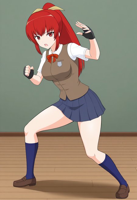 1girl, solo, satsukirindorival, red hair, ponytail, hair ribbon, red eyes, shirt, short sleeves, vest, breasts, skirt, fingerless gloves, blue socks, shoes, school uniform, indoors, fighting stance, open mouth, standing,