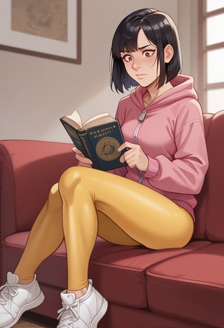 score_9, score_8_up, score_7_up, score_6_up, Sabr1nA, masterpiece, best quality, BREAK 1girl, solo, thin, open eyes, brown eyes, medium breasts, black hair, bob haircut, medium hair, ((short pink hoodie with hood and zipper)), novel, seamless yellow leggings, white sneakers BREAK sitting on the red sofa, reading book, living room, daylight