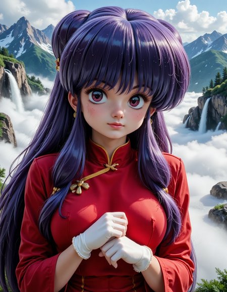 Shampoo_Ranma_Real_Final, Extreme close-up portrait of Shampoo, cropped from upper chest to mid-forearm, set in the breathtaking, serene atmosphere of a floating sky island. Her bright purple eyes gleam with calm determination, contrasting with her smooth, fair skin. Her long purple hair flows gracefully in the gentle wind, with strands moving softly around her face as she gazes into the horizon. She wears her red Chinese-style dress, with intricate patterns that shimmer slightly in the sunlight, and her arms are wrapped in white martial arts gloves, clenched in readiness. The background reveals a floating island suspended above soft clouds, with lush greenery and cascading waterfalls, creating a surreal, peaceful setting. [Composition: Tight 85mm lens effect, emphasizing Shampoo’s poised presence against the majestic floating island backdrop.]