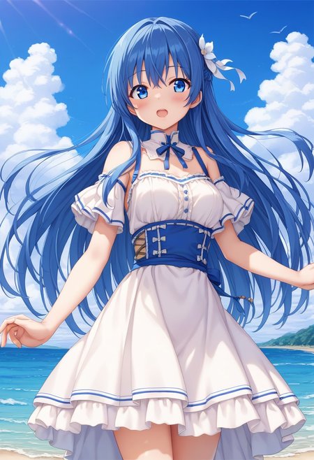 score 9, score 8 up, source anime, masterpiece, best quality, detailed eyes, detailed face, 1girl, cowboy shot, blush, open mouth, outdoors, sky, 
lilinafeh, blue eyes, blue hair, long hair,